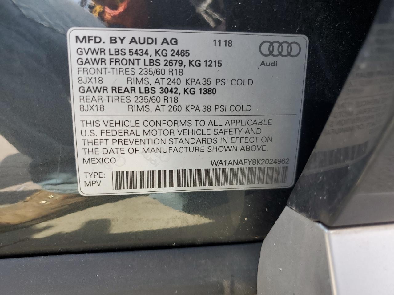 wa1anafy8k2024962 WA1ANAFY8K2024962 2019 Audi Q5 Premium