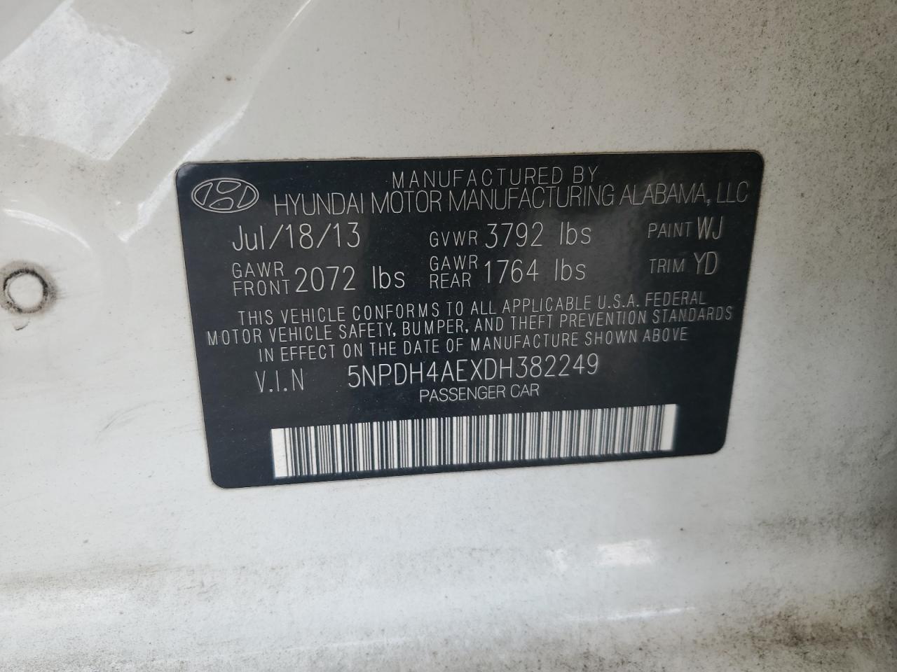 2013 Hyundai Elantra Gls VIN: 5NPDH4AEXDH382249 Lot: 64636045