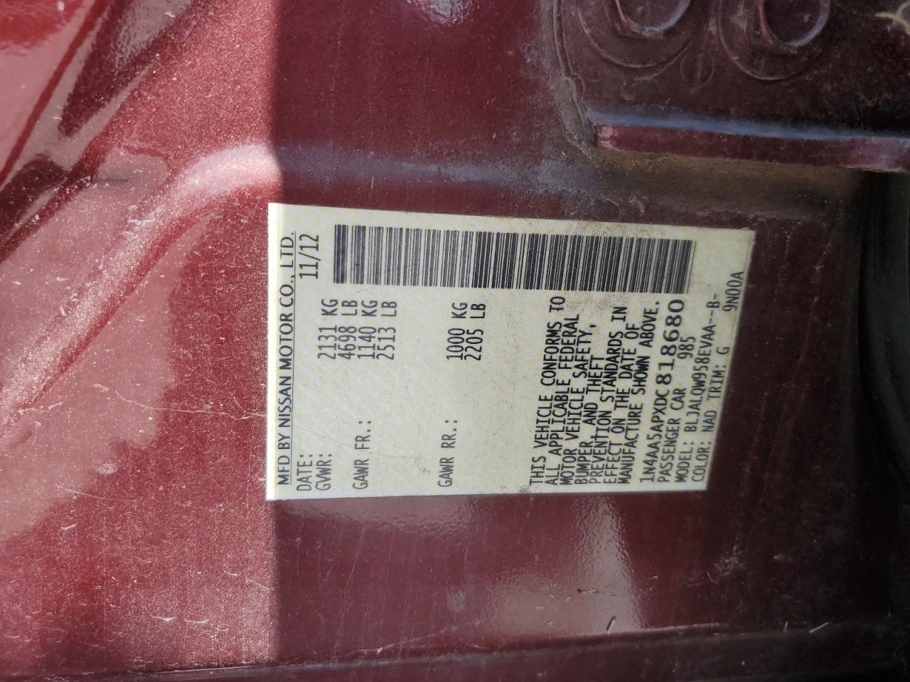 2013 Nissan Maxima S VIN: 1N4AA5APXDC818680 Lot: 65037325