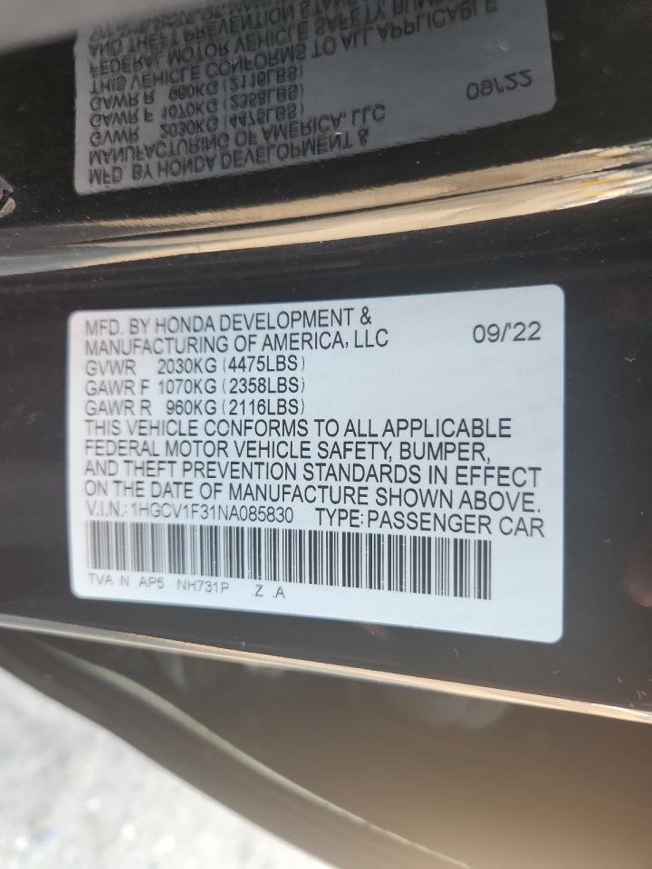 2022 Honda Accord Sport VIN: 1HGCV1F31NA085830 Lot: 63768675