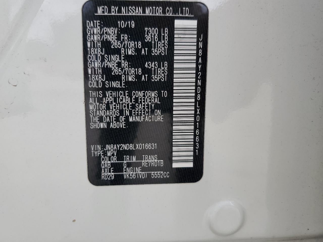 2020 Nissan Armada Sv VIN: JN8AY2ND8LX016631 Lot: 63219495