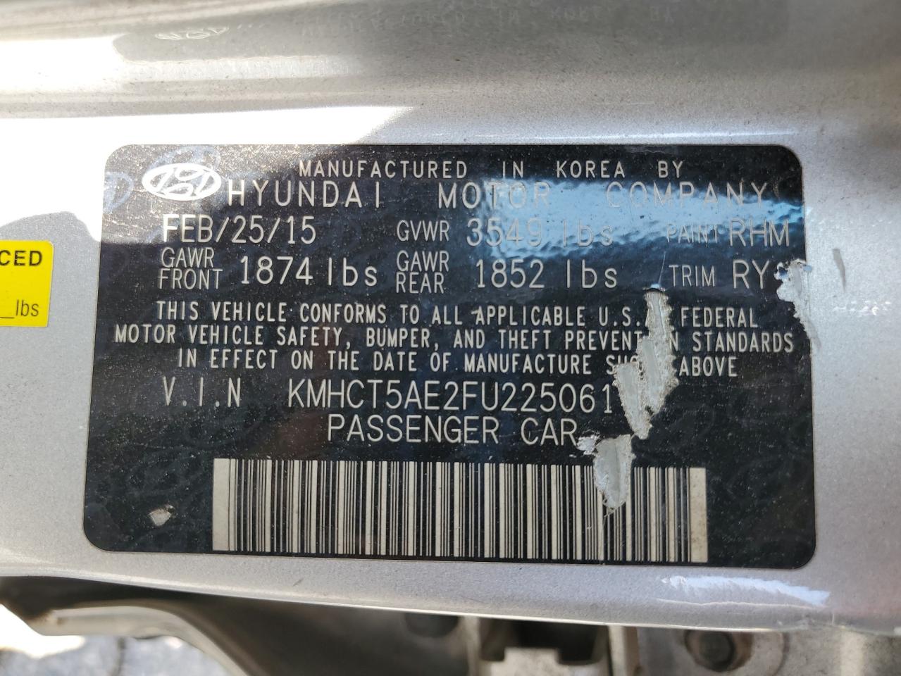 2015 Hyundai Accent Gs VIN: KMHCT5AE2FU225061 Lot: 64637245