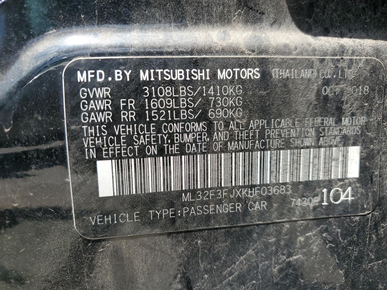 2019 Mitsubishi Mirage G4 Es VIN: ML32F3FJXKHF03683 Lot: 63818025