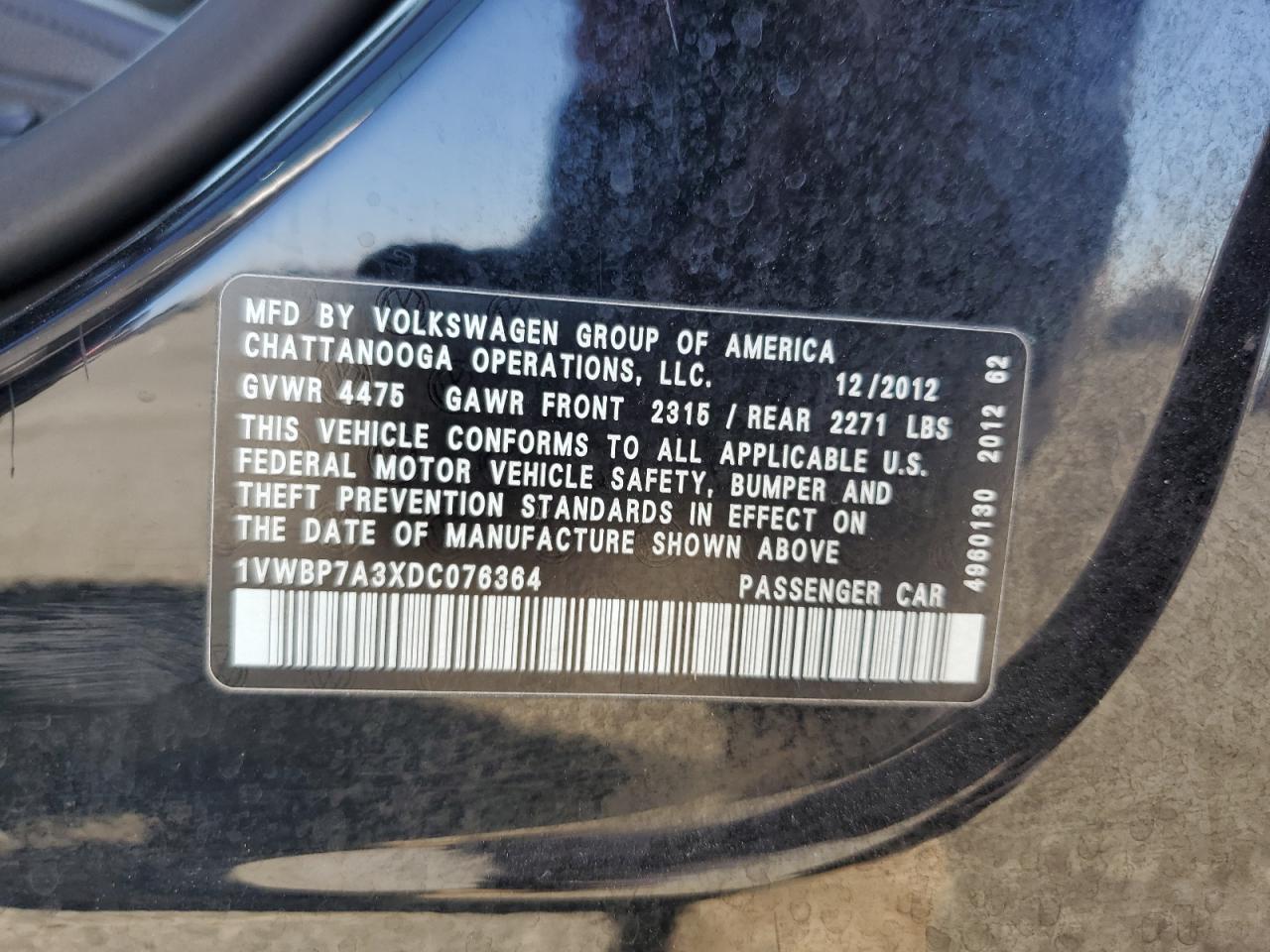 2013 Volkswagen Passat Se VIN: 1VWBP7A3XDC076364 Lot: 65226575