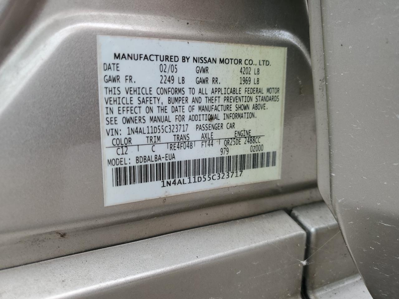 2005 Nissan Altima S VIN: 1N4AL11D55C323717 Lot: 63578085