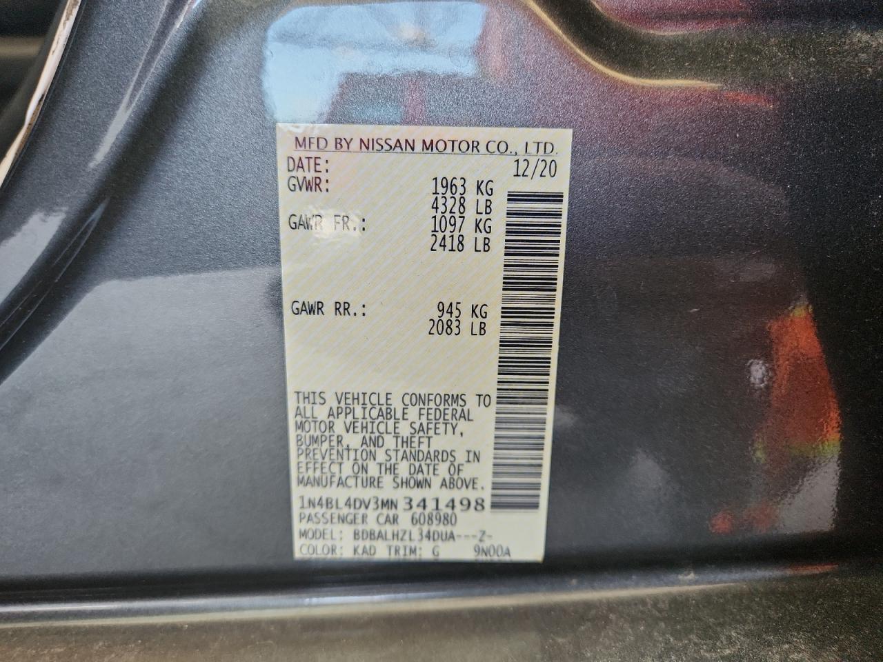 2021 Nissan Altima Sv VIN: 1N4BL4DV3MN341498 Lot: 64955175