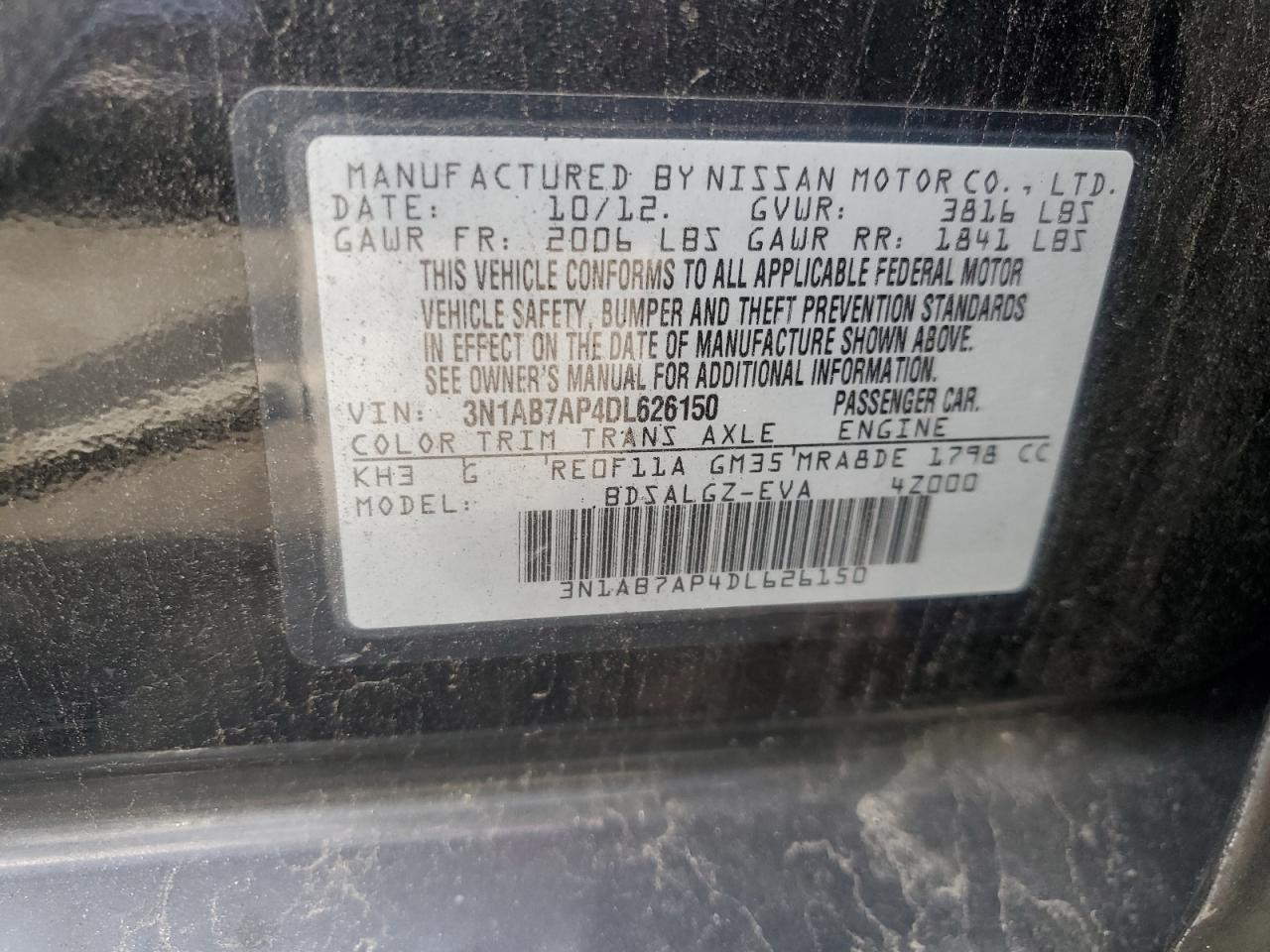 2013 Nissan Sentra S VIN: 3N1AB7AP4DL626150 Lot: 65141535