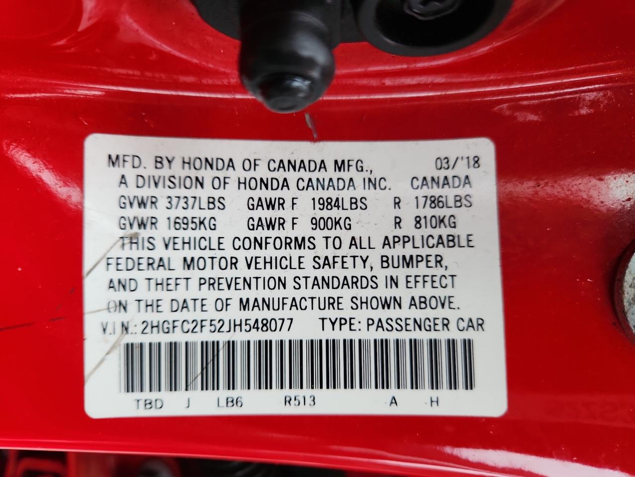 2018 Honda Civic Lx VIN: 2HGFC2F52JH548077 Lot: 62651135