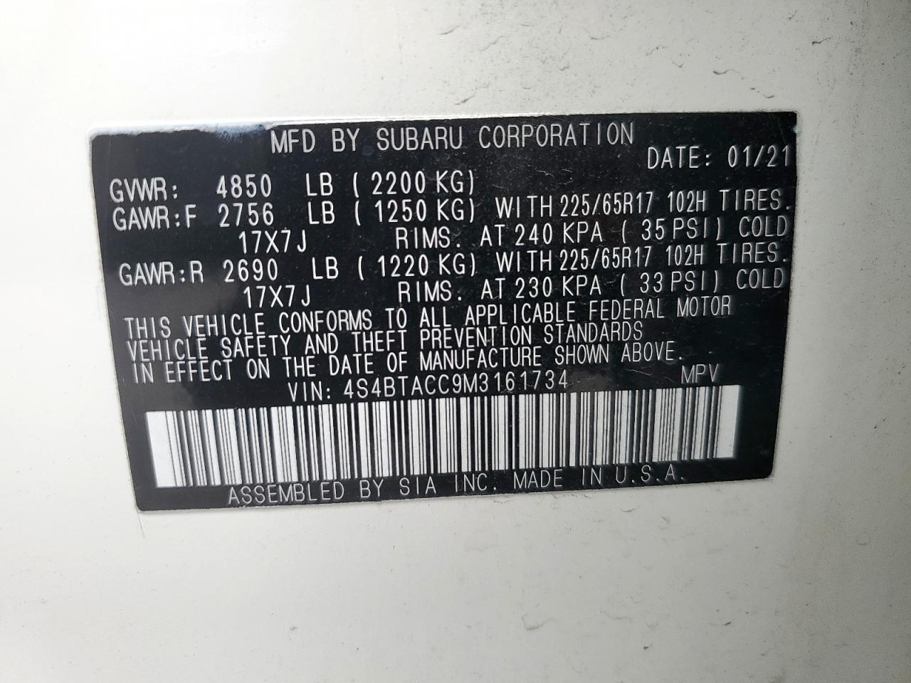 4S4BTACC9M3161734 2021 Subaru Outback Premium