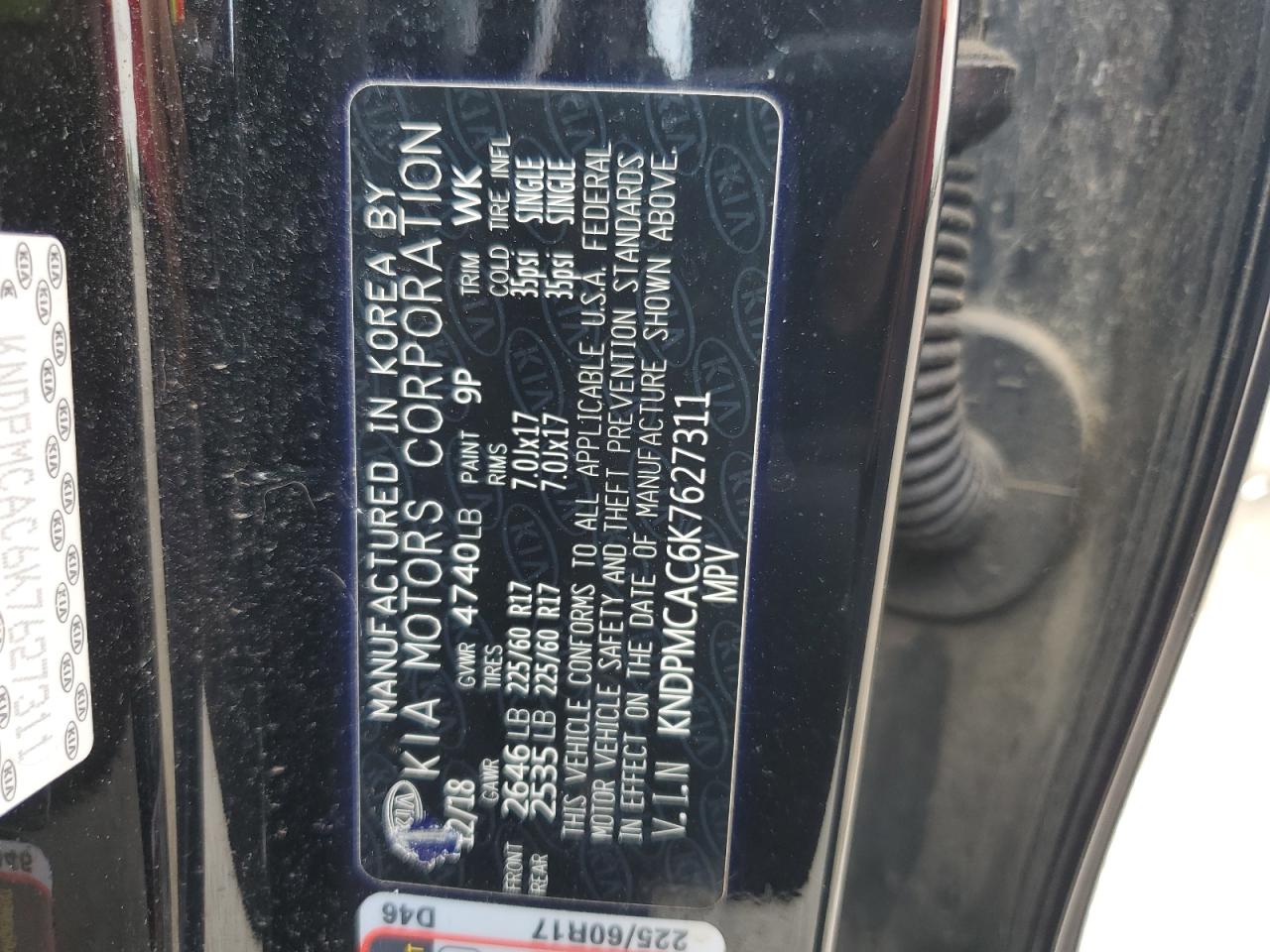2019 Kia Sportage Lx VIN: KNDPMCAC6K7627311 Lot: 64258385