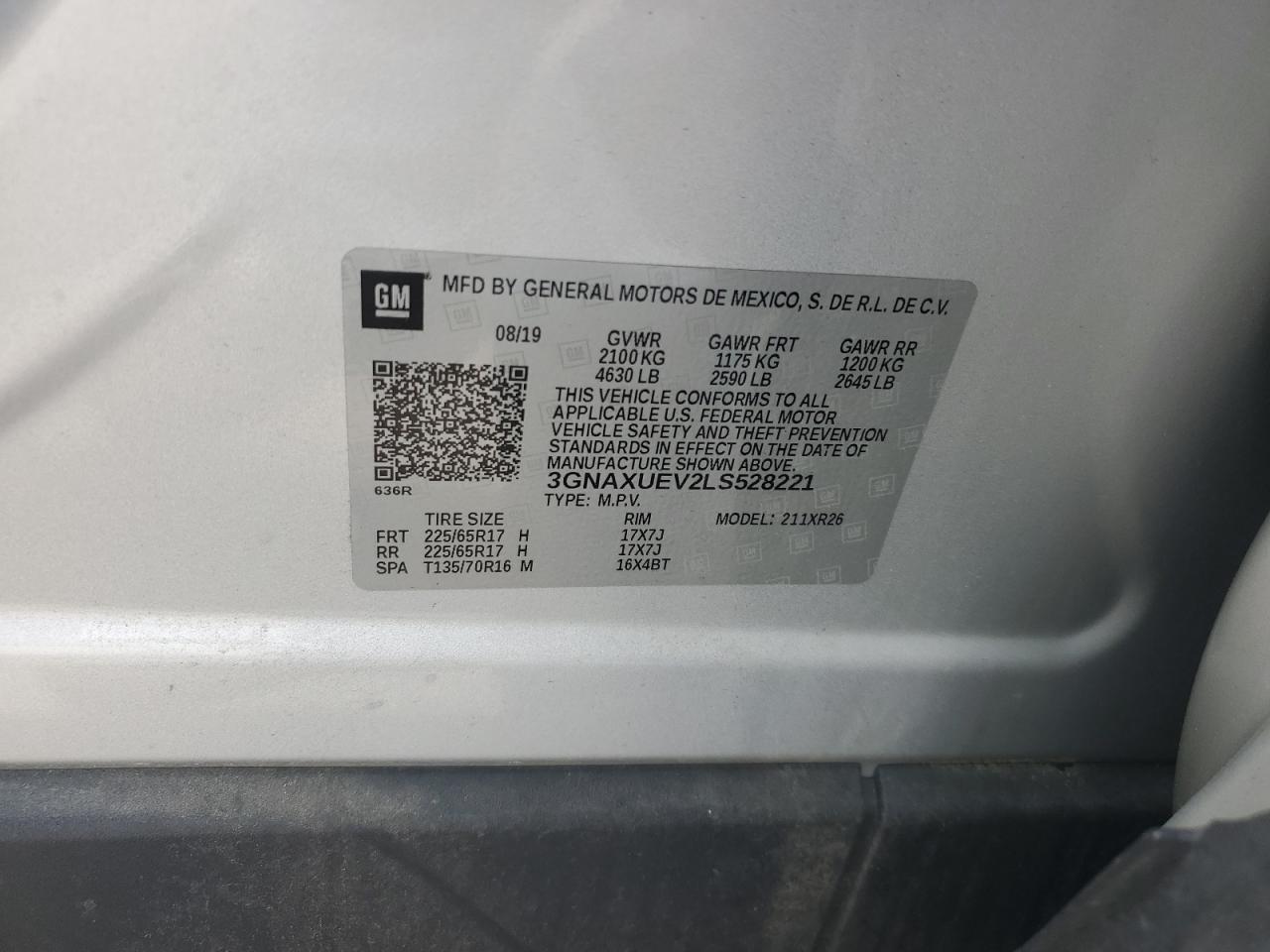 2020 Chevrolet Equinox Lt VIN: 3GNAXUEV2LS528221 Lot: 65551805