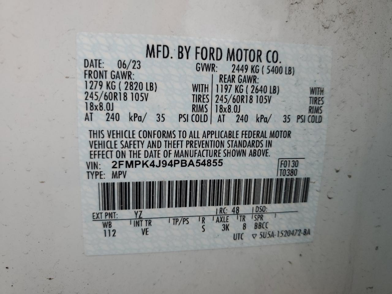 2023 Ford Edge Sel VIN: 2FMPK4J94PBA54855 Lot: 64089895