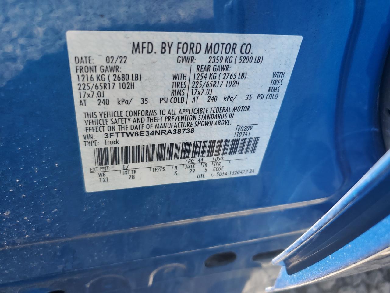 2022 Ford Maverick Xl VIN: 3FTTW8E34NRA38738 Lot: 62079385