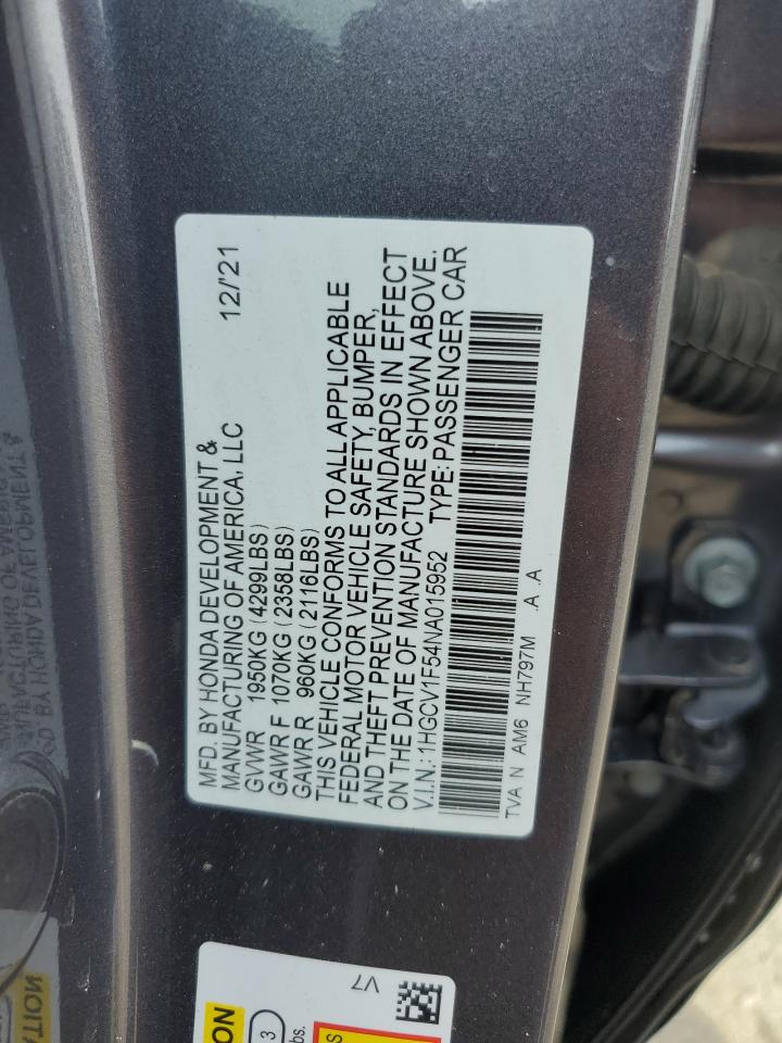 2022 Honda Accord Exl VIN: 1HGCV1F54NA015952 Lot: 67225775