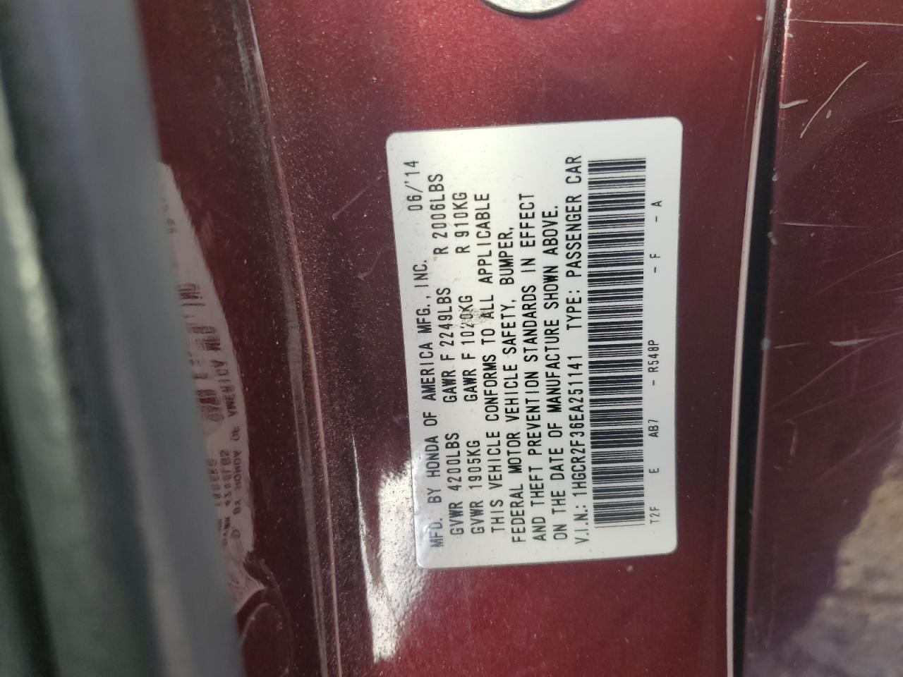 2014 Honda Accord Lx VIN: 1HGCR2F36EA251141 Lot: 65412455