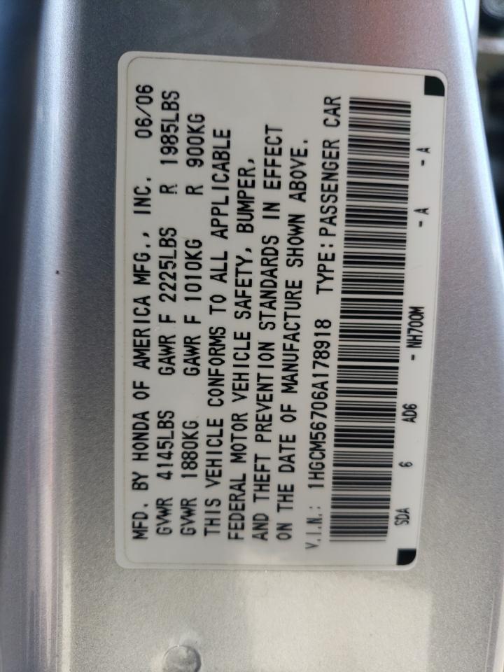 2006 Honda Accord Ex VIN: 1HGCM56706A178918 Lot: 64582325