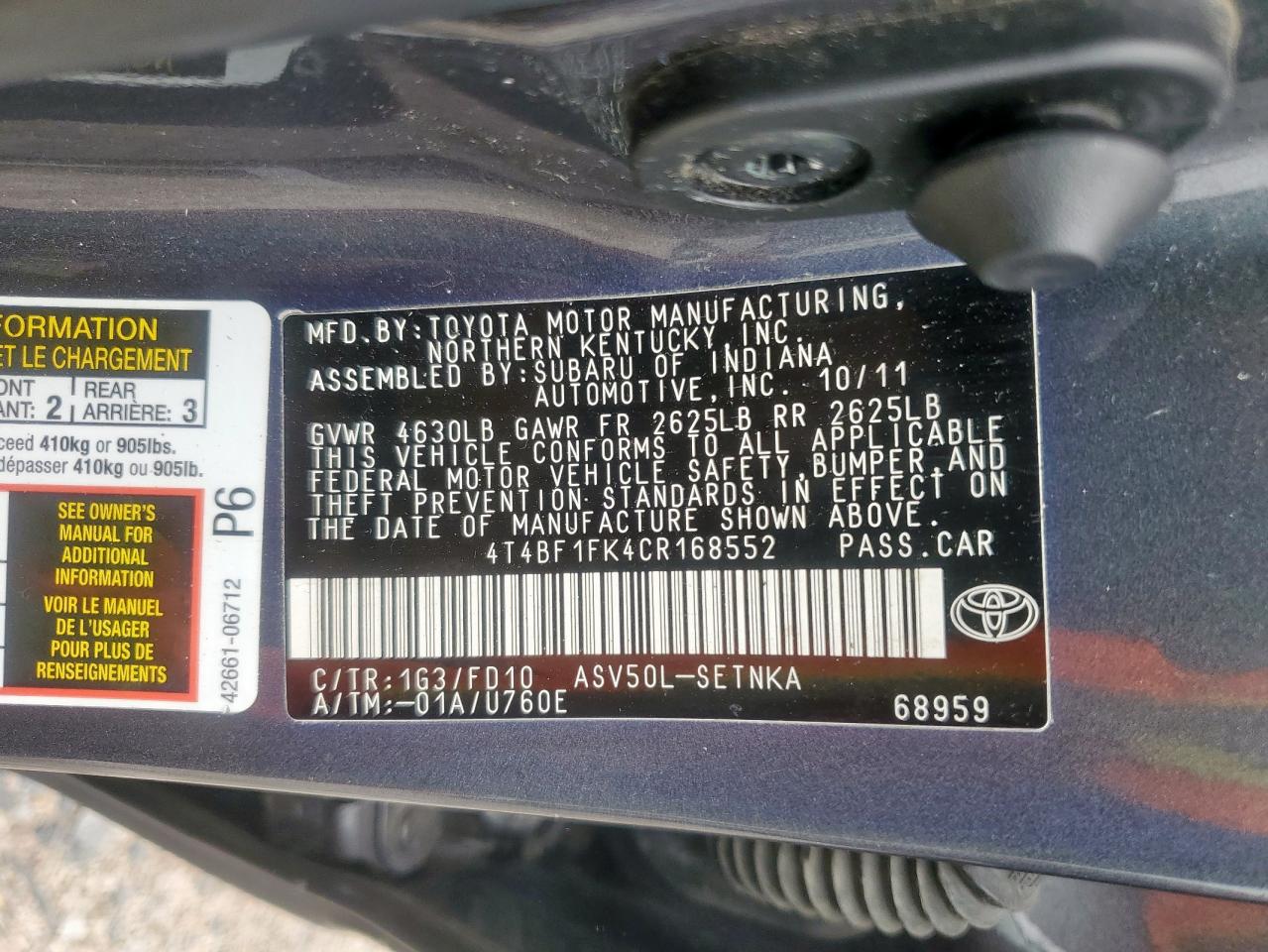 2012 Toyota Camry Base VIN: 4T4BF1FK4CR168552 Lot: 65376395