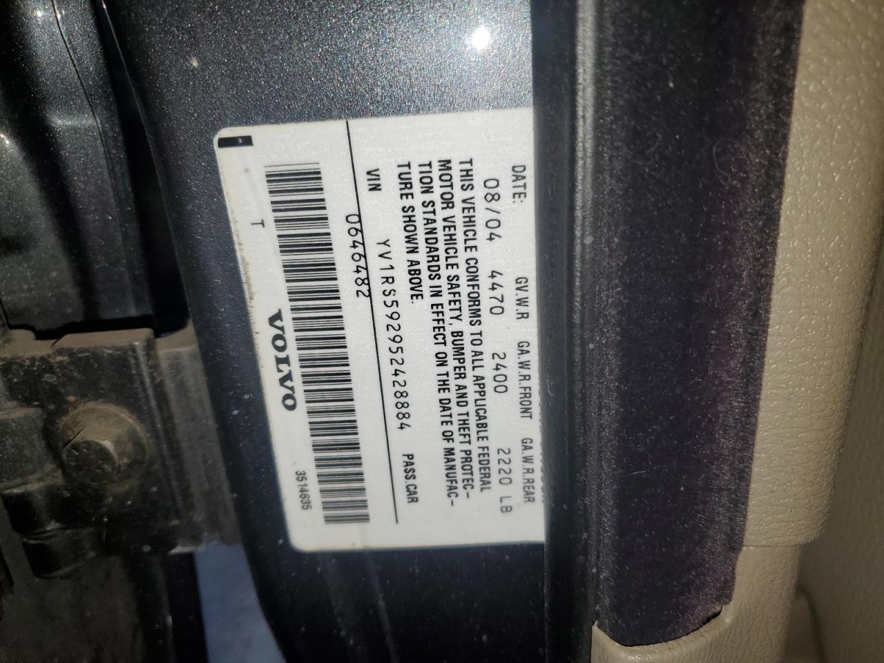 2005 Volvo S60 2.5T VIN: YV1RS592952428884 Lot: 64216895