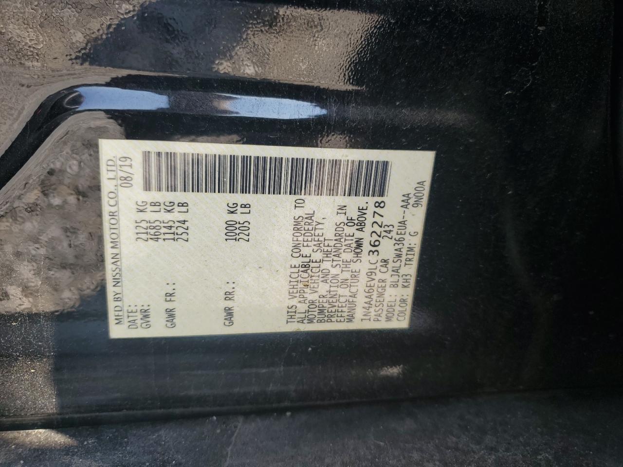 2020 Nissan Maxima Sr VIN: 1N4AA6EV9LC362278 Lot: 64094925