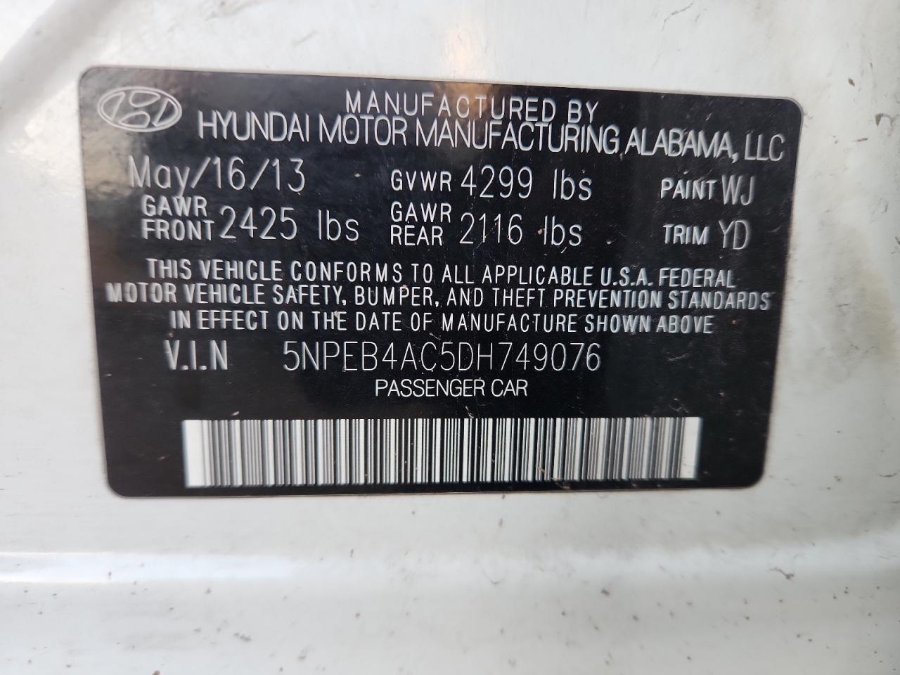 2013 Hyundai Sonata Gls VIN: 5NPEB4AC5DH749076 Lot: 64830505