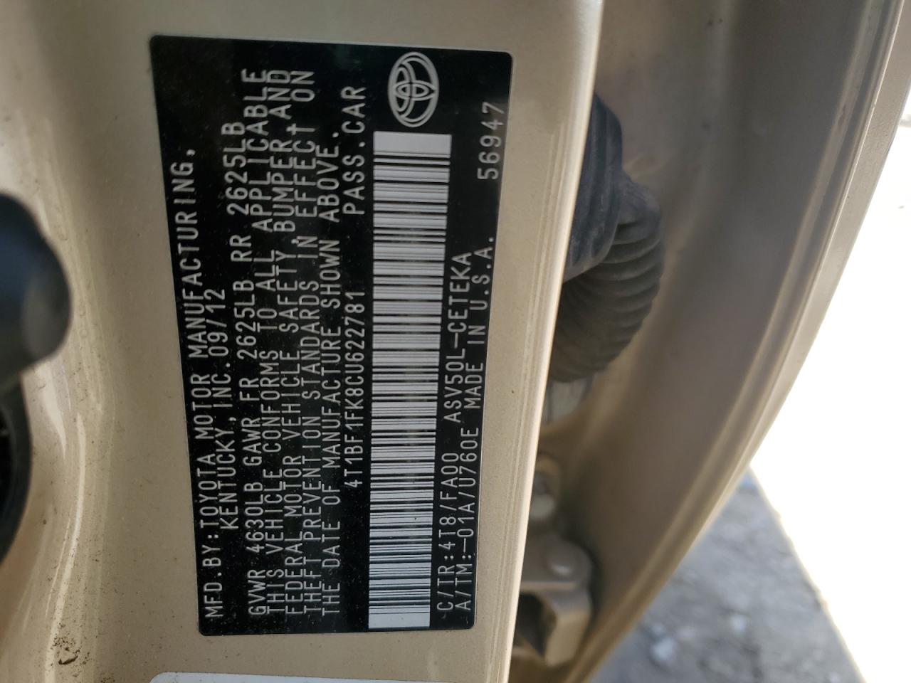 4T1BF1FK8CU622781 2012 Toyota Camry Base