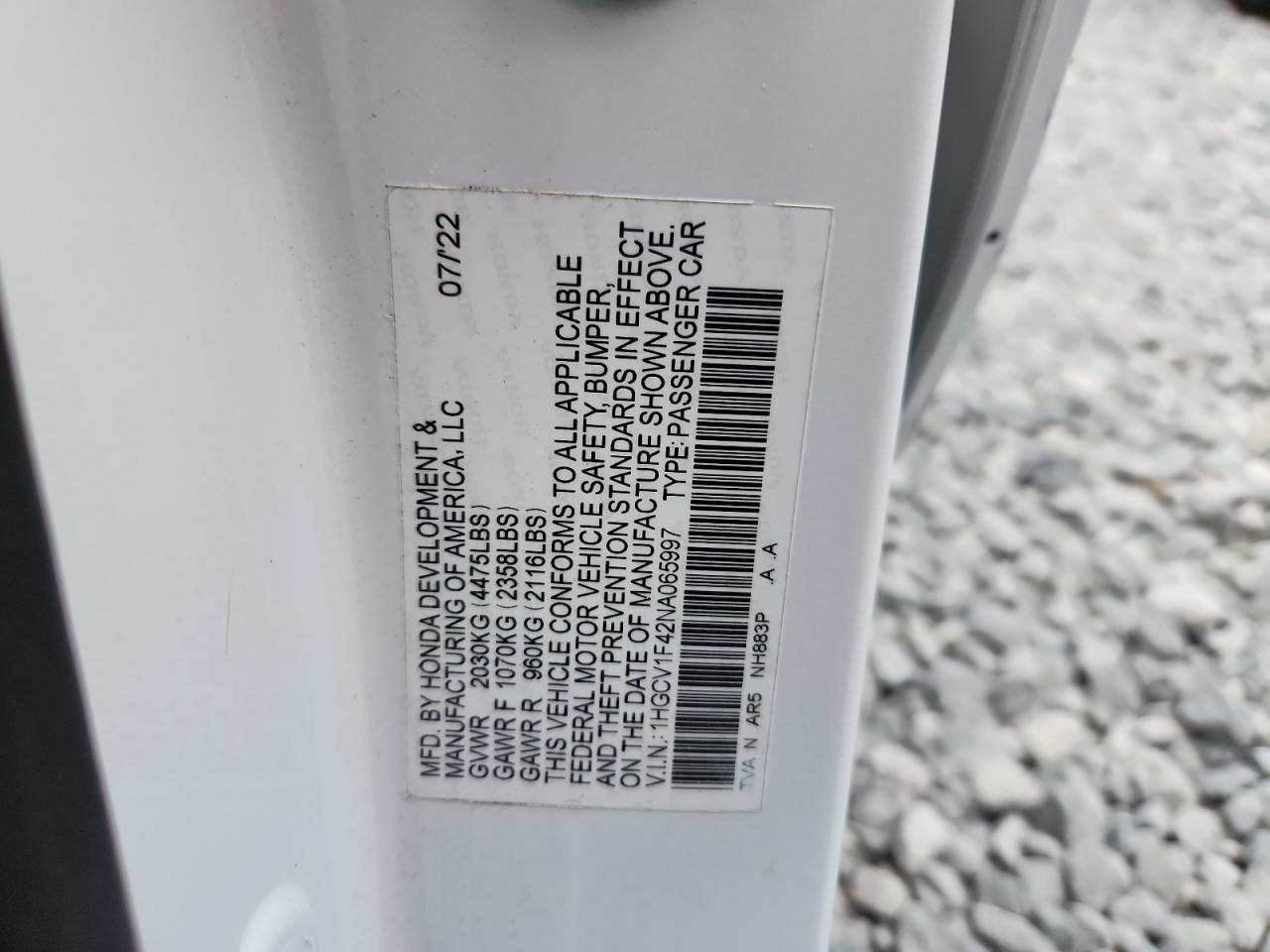 2022 Honda Accord Sport Se VIN: 1HGCV1F42NA065997 Lot: 63078965