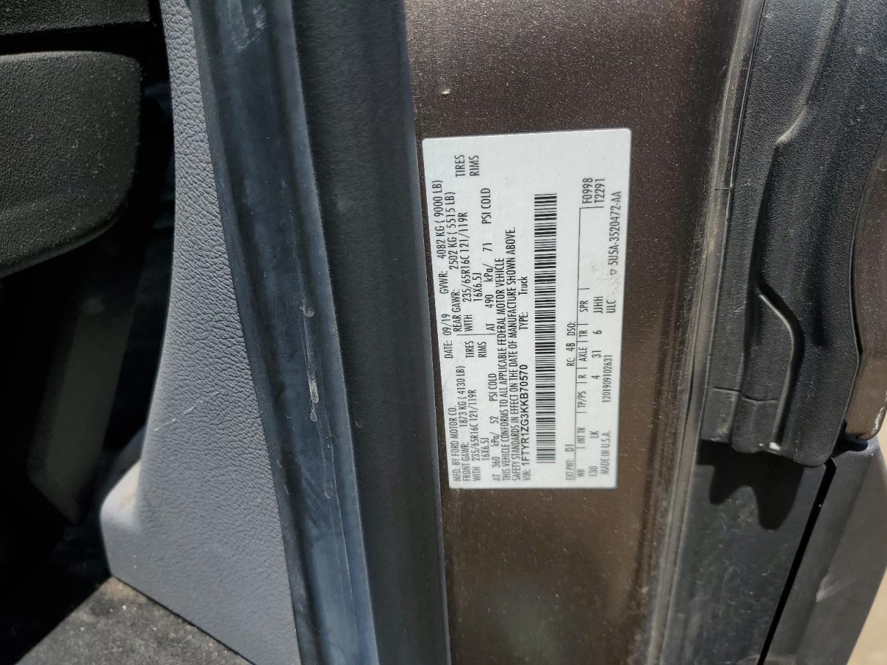 2019 Ford Transit T-250 VIN: 1FTYR1ZG3KKB70570 Lot: 61942115