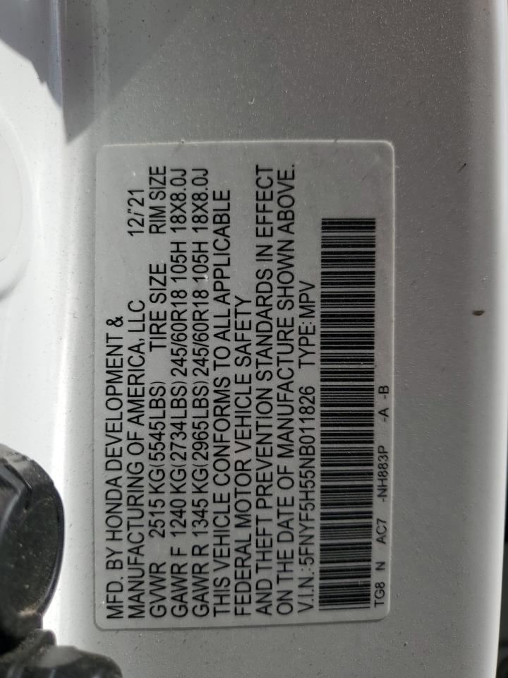 2022 Honda Pilot Exl VIN: 5FNYF5H55NB011826 Lot: 63923025