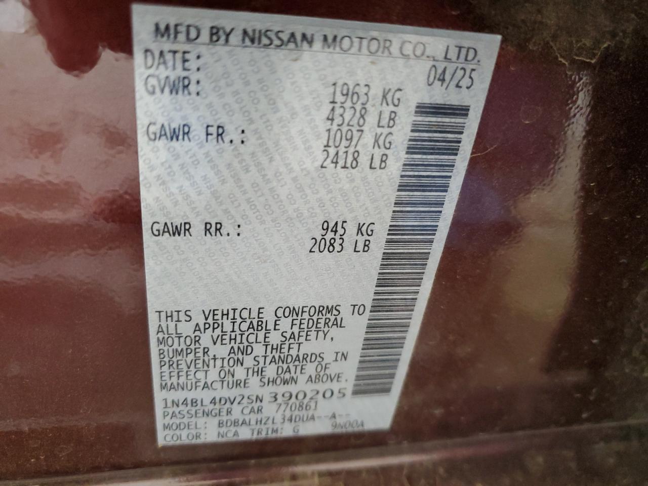 2025 Nissan Altima Sv VIN: 1N4BL4DV2SN390205 Lot: 65227725