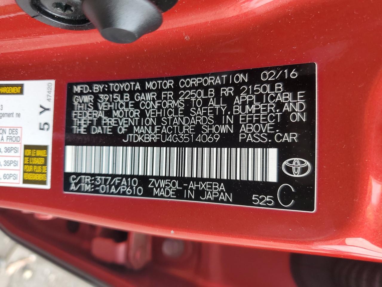 2016 Toyota Prius VIN: JTDKBRFU4G3514069 Lot: 64663505