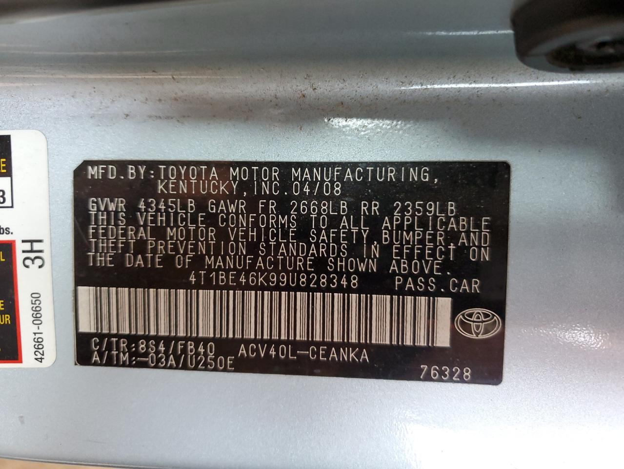 2009 Toyota Camry Base VIN: 4T1BE46K99U828348 Lot: 63316775