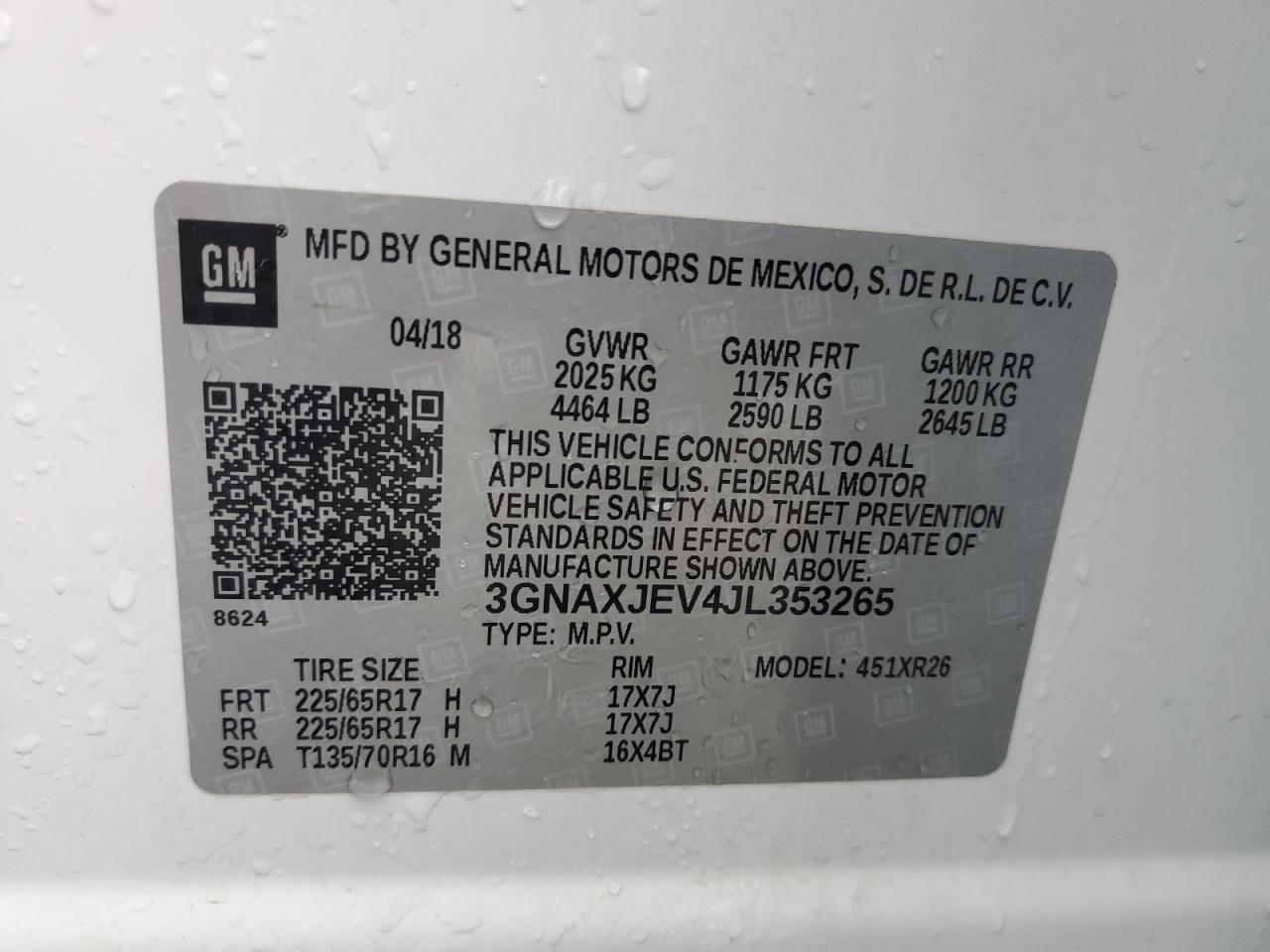 2018 Chevrolet Equinox Lt VIN: 3GNAXJEV4JL353265 Lot: 65018835