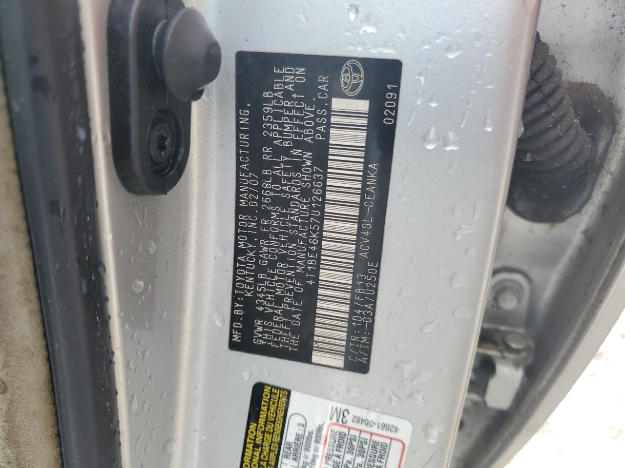 2007 Toyota Camry Ce VIN: 4T1BE46K57U126637 Lot: 62864305