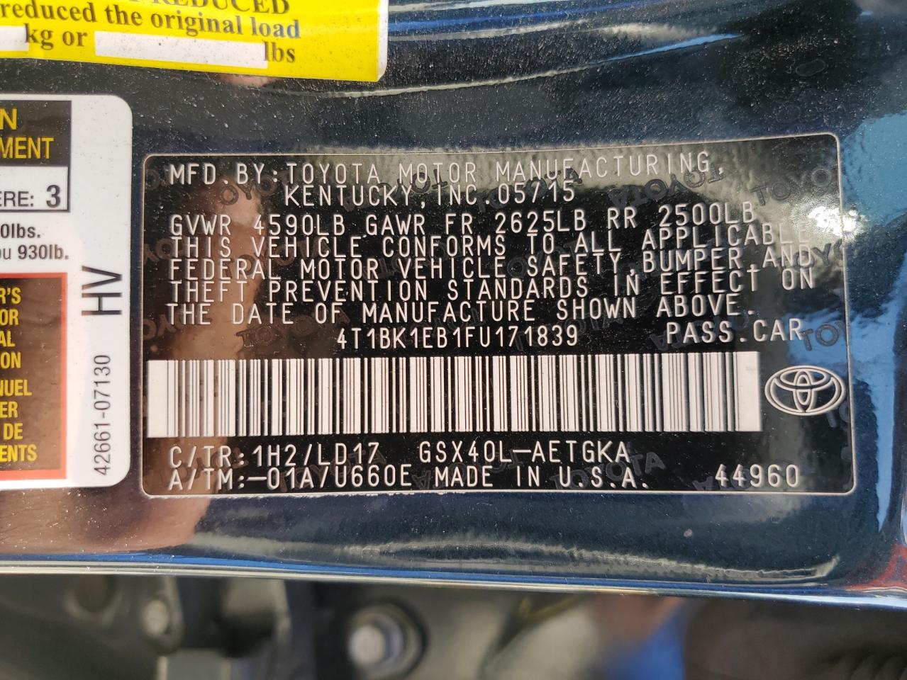 2015 Toyota Avalon Xle VIN: 4T1BK1EB1FU171839 Lot: 64089395