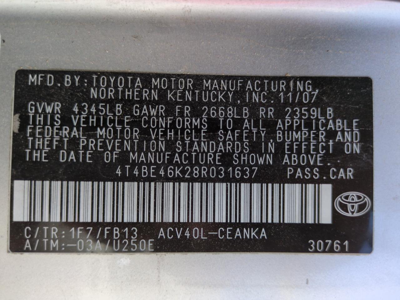 2008 Toyota Camry Ce VIN: 4T4BE46K28R031637 Lot: 63508665