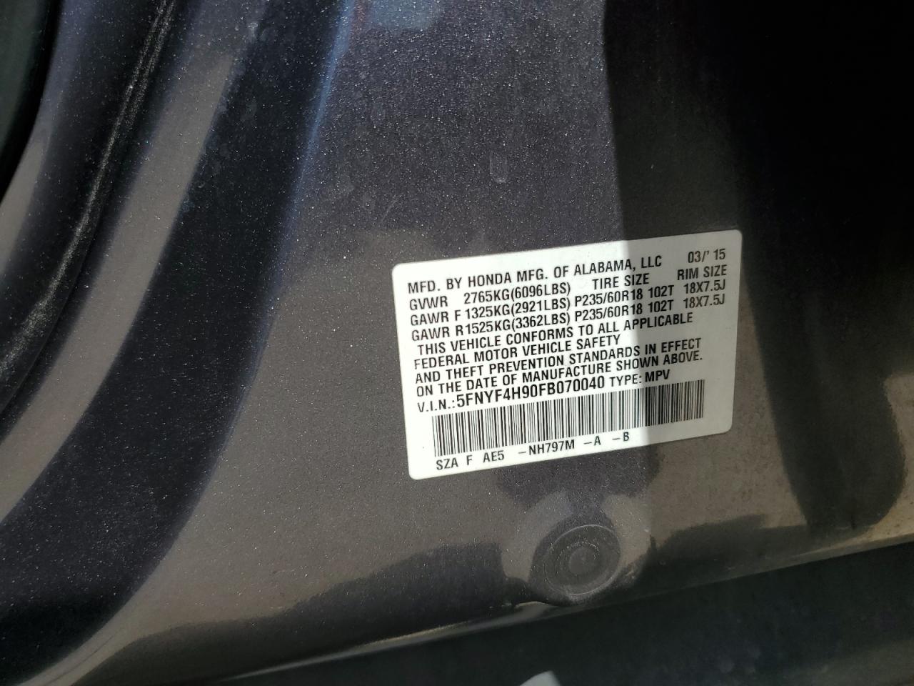 2015 Honda Pilot Touring VIN: 5FNYF4H90FB070040 Lot: 63870885