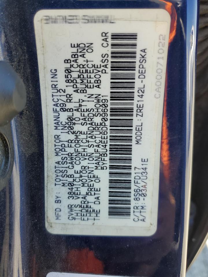 2013 Toyota Corolla Base VIN: 5YFBU4EE6DP096091 Lot: 65213135
