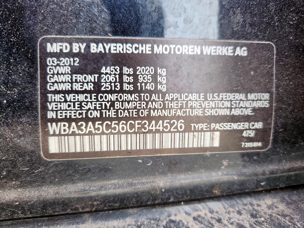 2012 BMW 328 I VIN: WBA3A5C56CF344526 Lot: 65199045