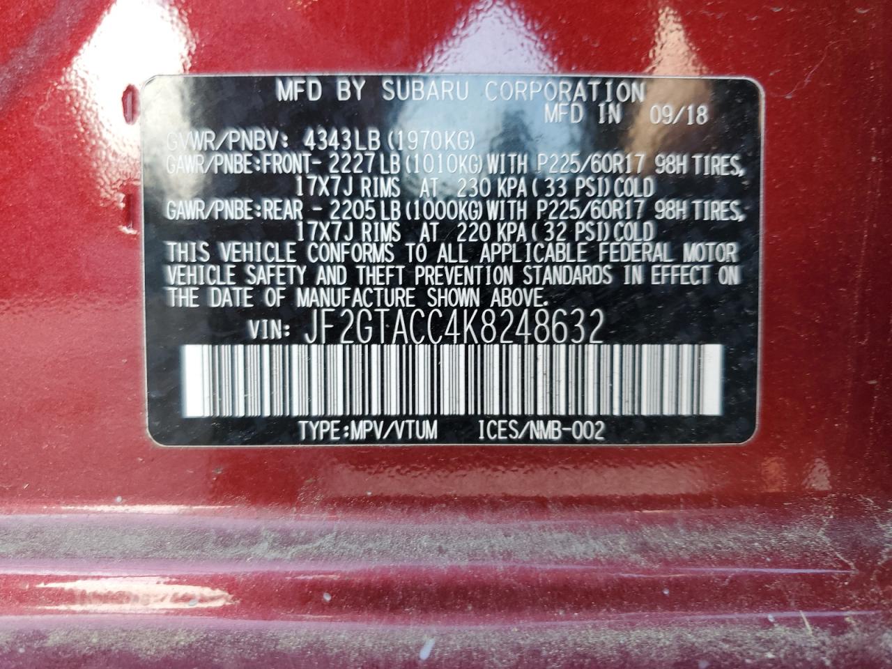 2019 Subaru Crosstrek Premium VIN: JF2GTACC4K8248632 Lot: 63398695