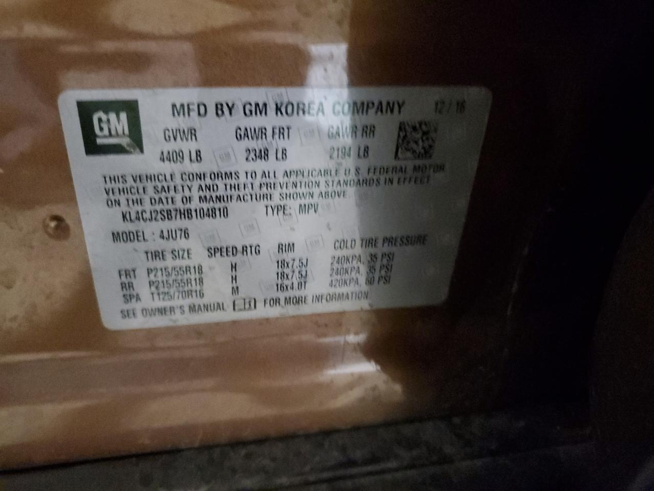 2017 Buick Encore Sport Touring VIN: KL4CJ2SB7HB104810 Lot: 66146725