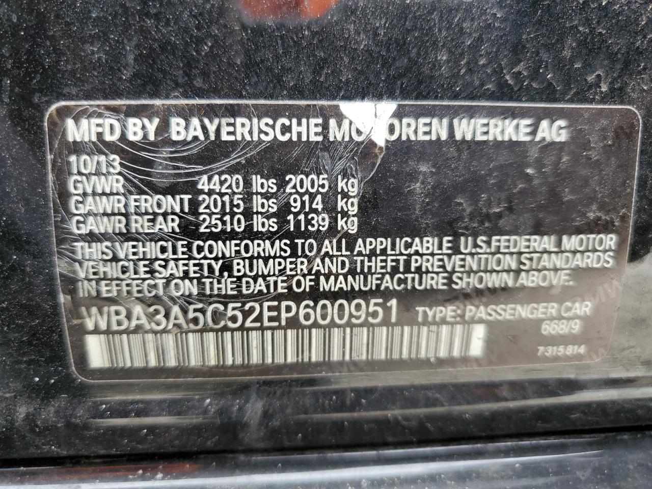 2014 BMW 328 I VIN: WBA3A5C52EP600951 Lot: 65139895