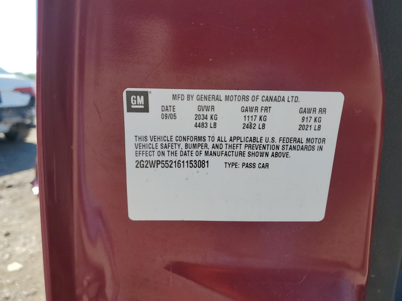 2006 Pontiac Grand Prix VIN: 2G2WP552161153081 Lot: 62944585