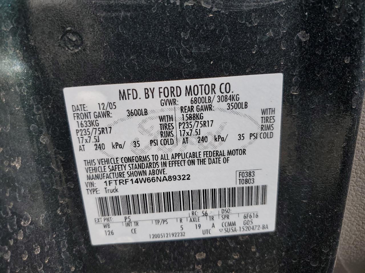 2006 Ford F150 VIN: 1FTRF14W66NA89322 Lot: 58938305