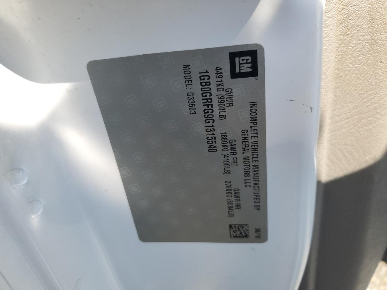 2016 Chevrolet Express G3500 VIN: 1GB0GRFG9G1315540 Lot: 59968405