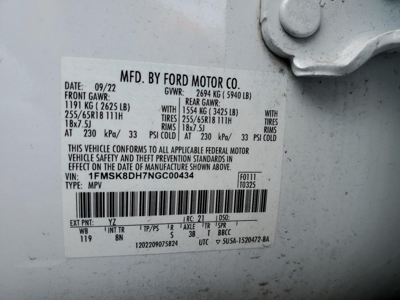 2022 Ford Explorer Xlt VIN: 1FMSK8DH7NGC00434 Lot: 63283975