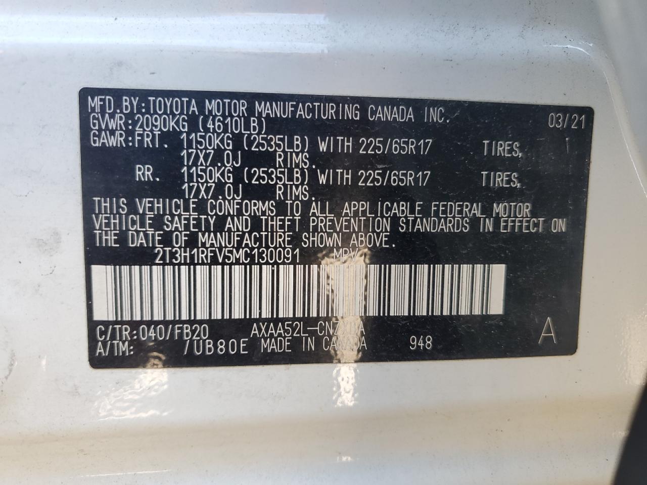 2021 Toyota Rav4 Le VIN: 2T3H1RFV5MC130091 Lot: 64696485
