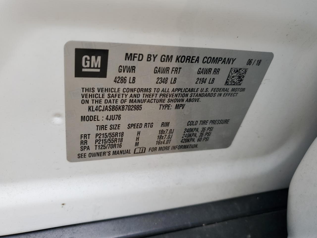 2019 Buick Encore Preferred VIN: KL4CJASB6KB702985 Lot: 66305365