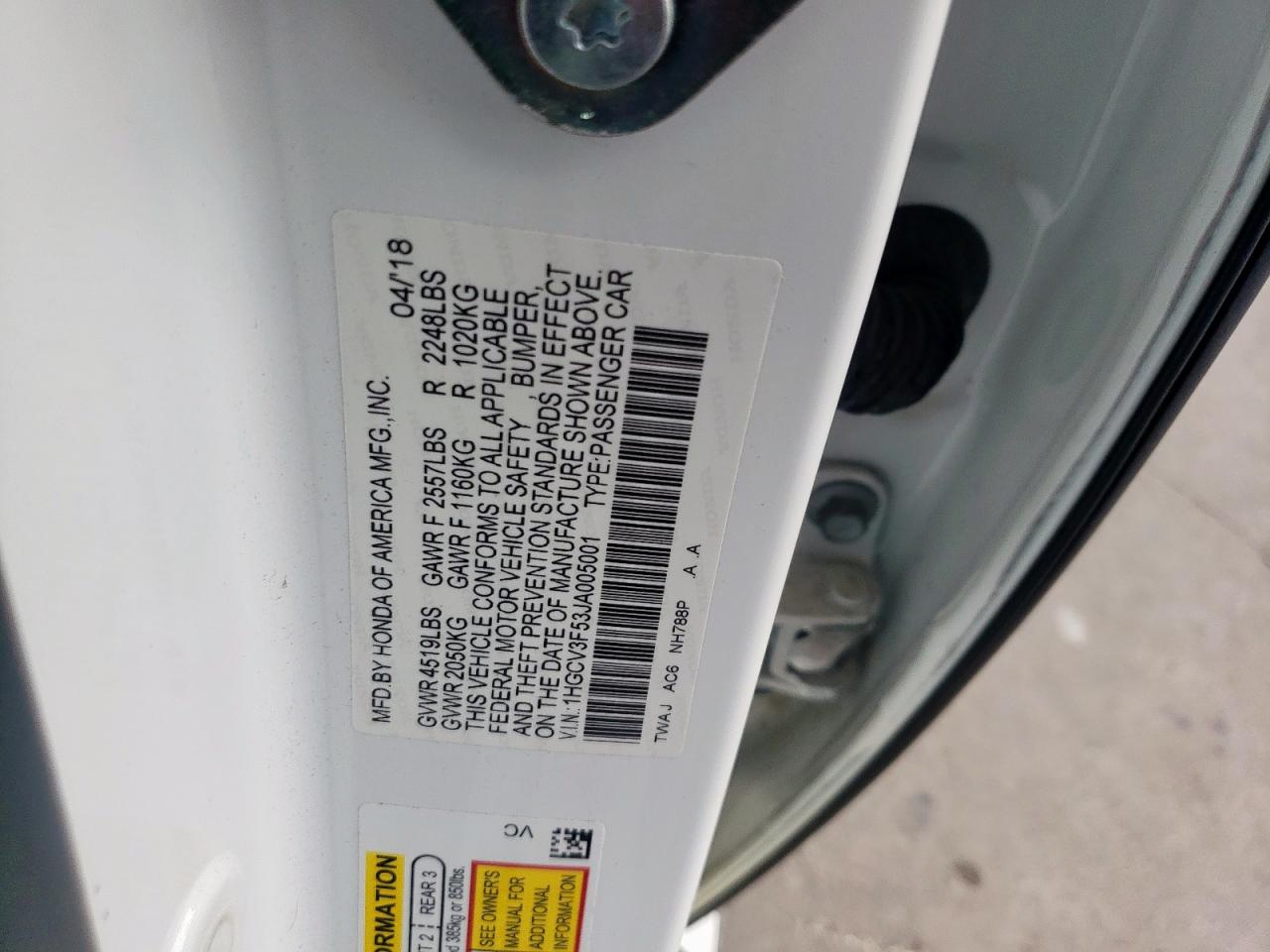 1hgcv3f53ja005001 1HGCV3F53JA005001 2018 Honda Accord Hybrid Exl