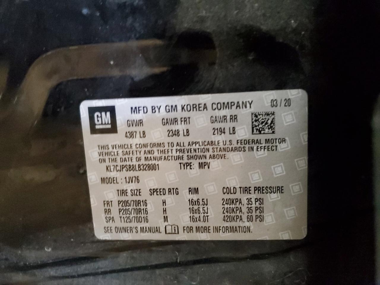 2020 Chevrolet Trax 1Lt VIN: KL7CJPSB8LB328001 Lot: 63833325