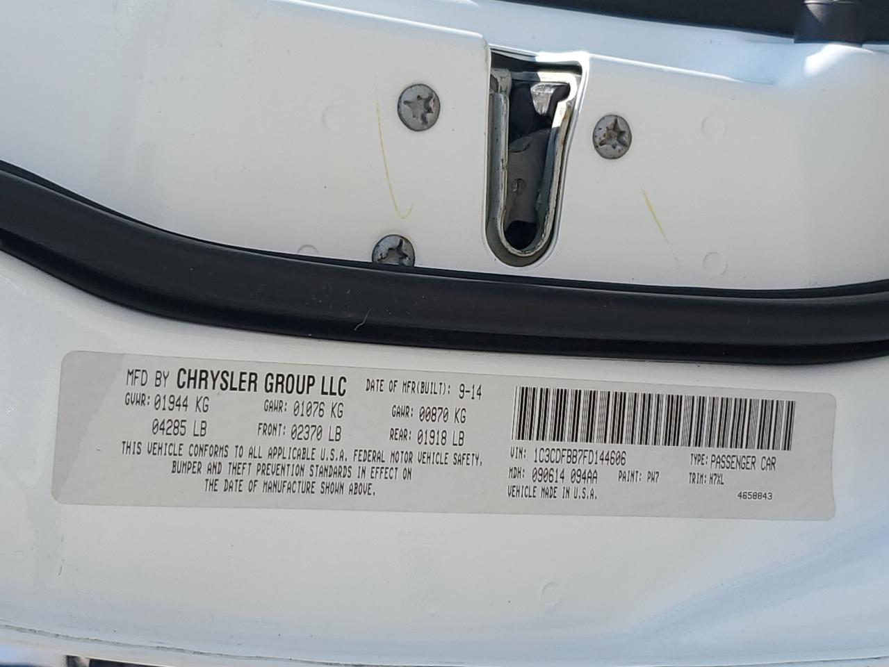 2015 Dodge Dart Sxt VIN: 1C3CDFBB7FD144606 Lot: 65674205